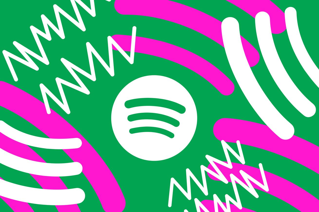 An illustration of the Spotify logo surrounded by lines of noise in white, purple and green.