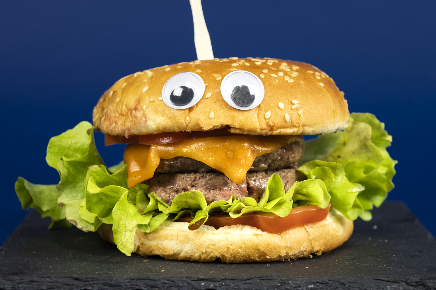 Cheeseburger with googly eyes