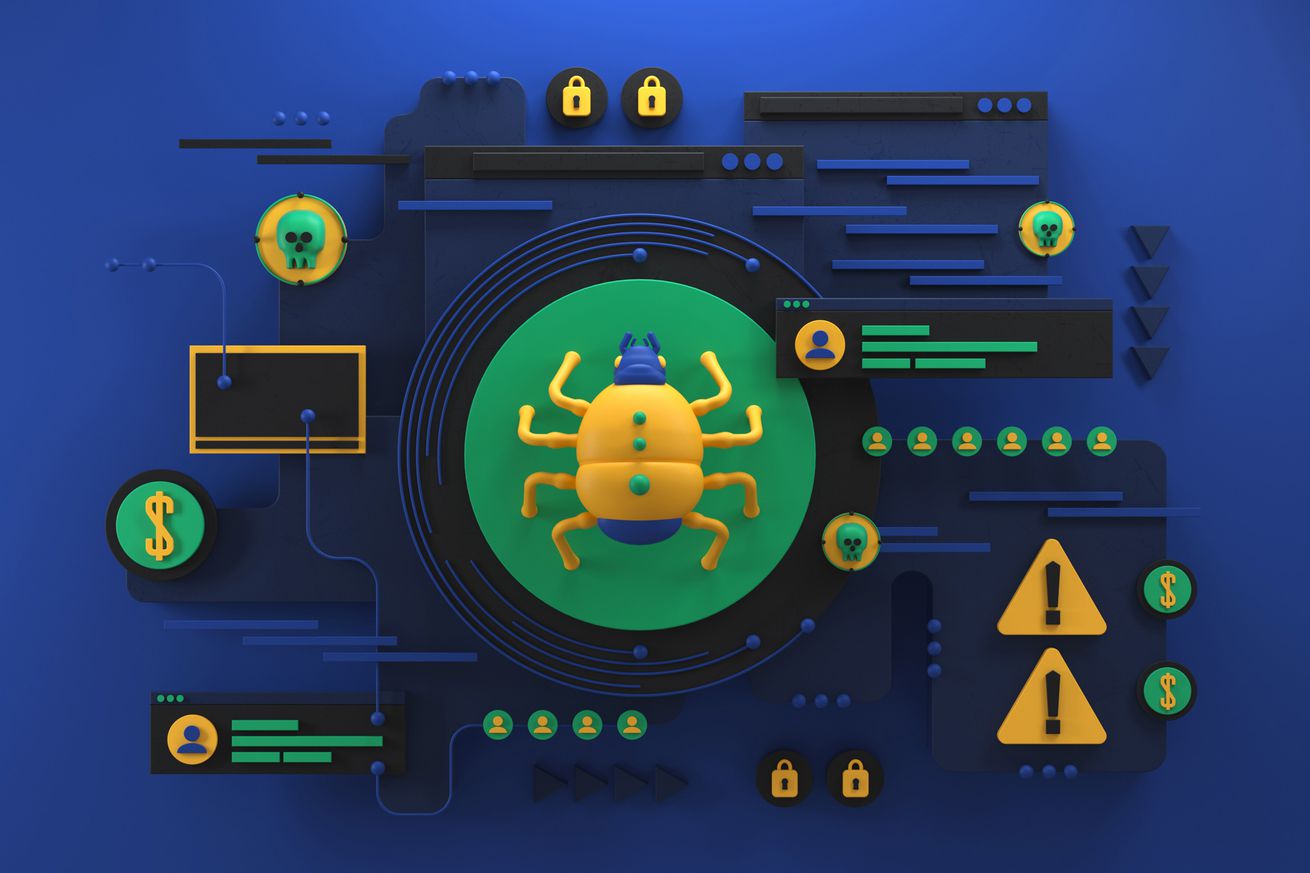 A collection of warning signs, bugs, and notifications that mimic malware or a cyber-attack.  The images are placed in a connected web against a blue background.